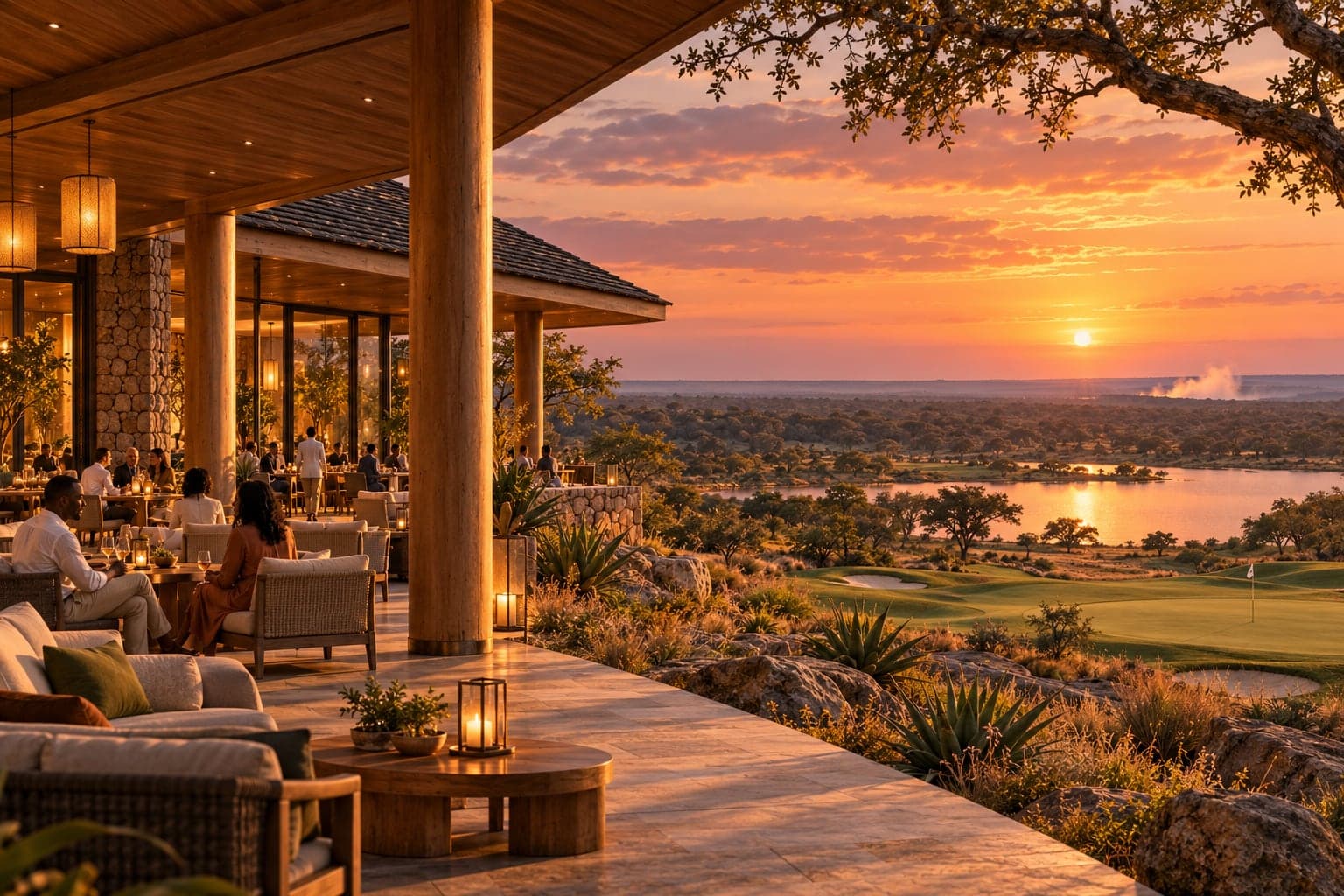 Artist’s impression of the clubhouse terrace at sundown, above the 18th green and a lake