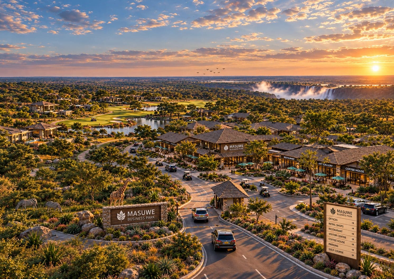 Artist’s impression of the commercial precinct from above, with Victoria Falls on the horizon