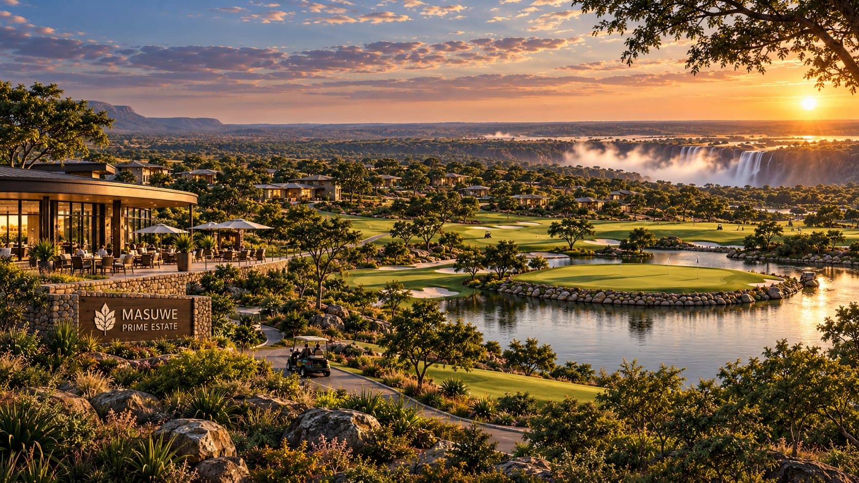 Artist’s impression of Masuwe Prime Estate at sunset, with spray rising from Victoria Falls beyond