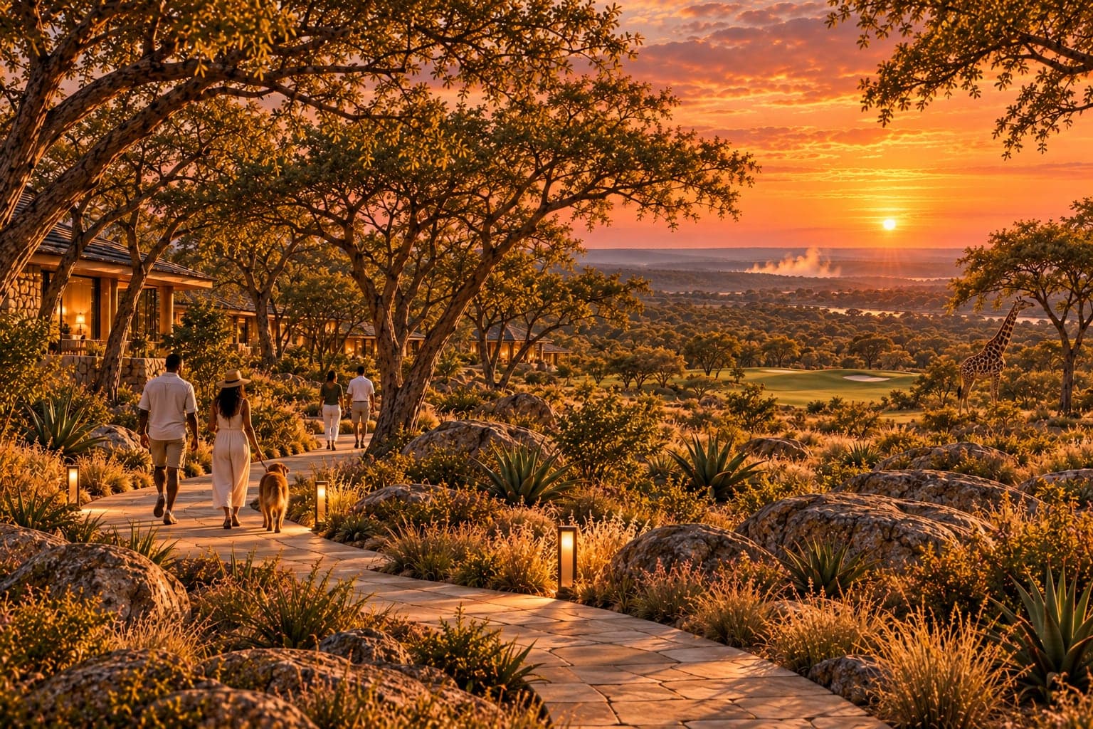 Artist’s impression of residents walking a dog along an estate path, a giraffe browsing beyond