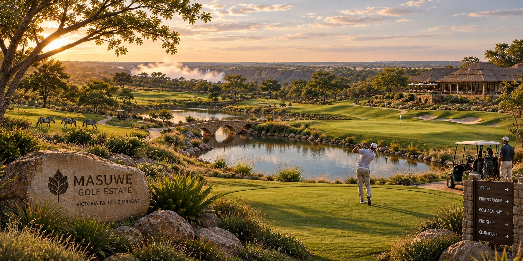 Artist’s impression of a golfer driving from the tee, with spray from Victoria Falls on the horizon