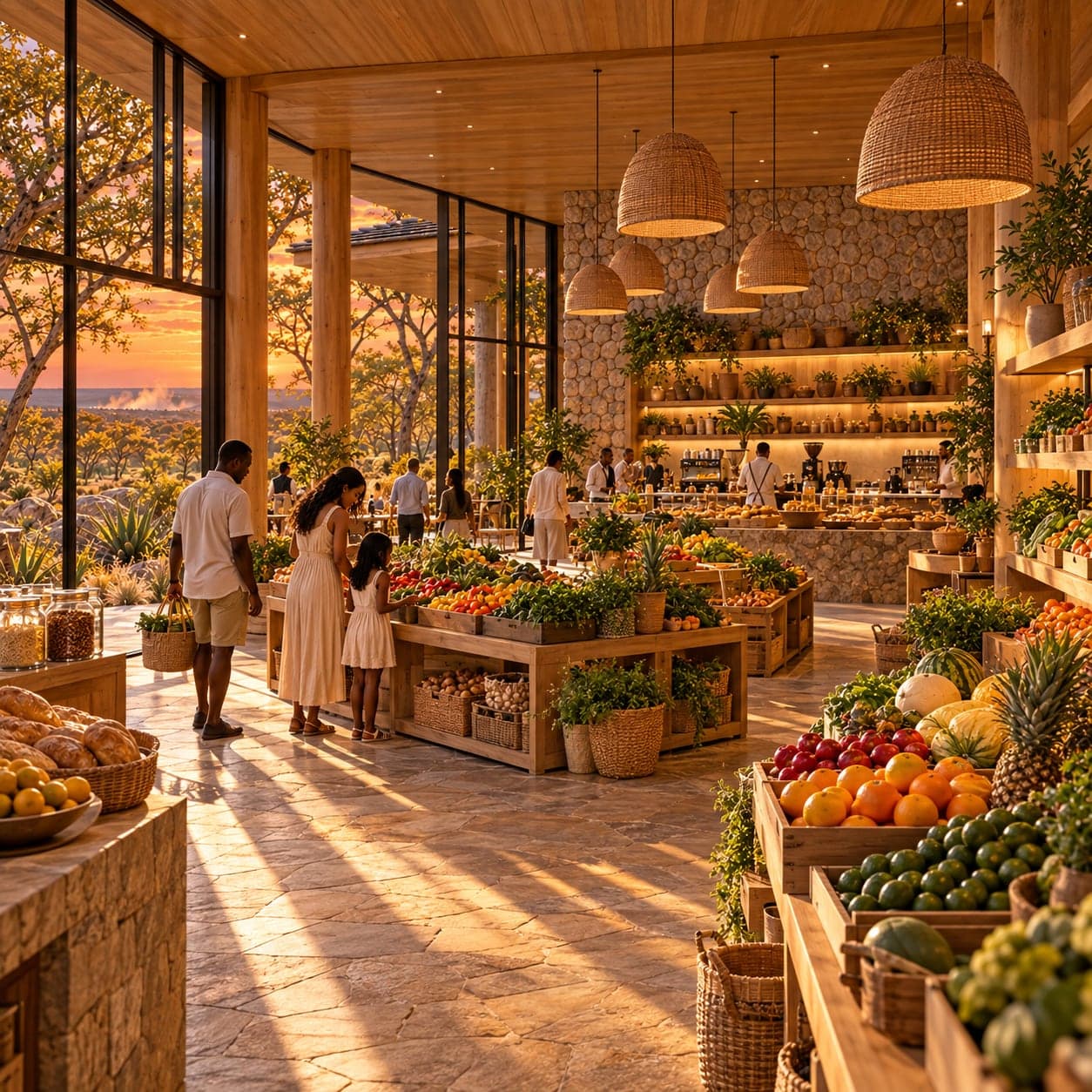 Artist’s impression of the estate market and deli, with a family choosing fresh produce