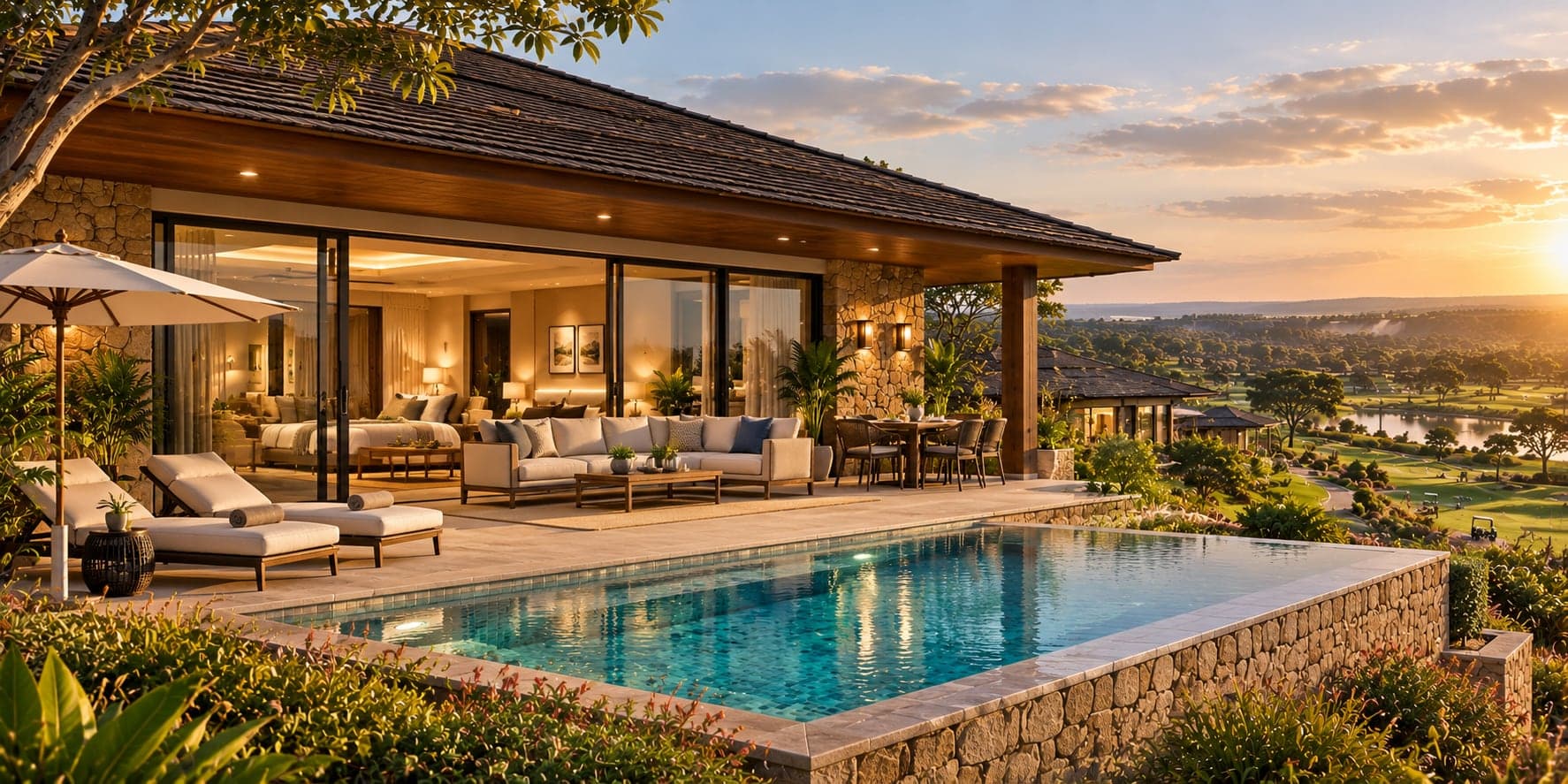 Artist’s impression of a villa terrace and infinity pool at sunset