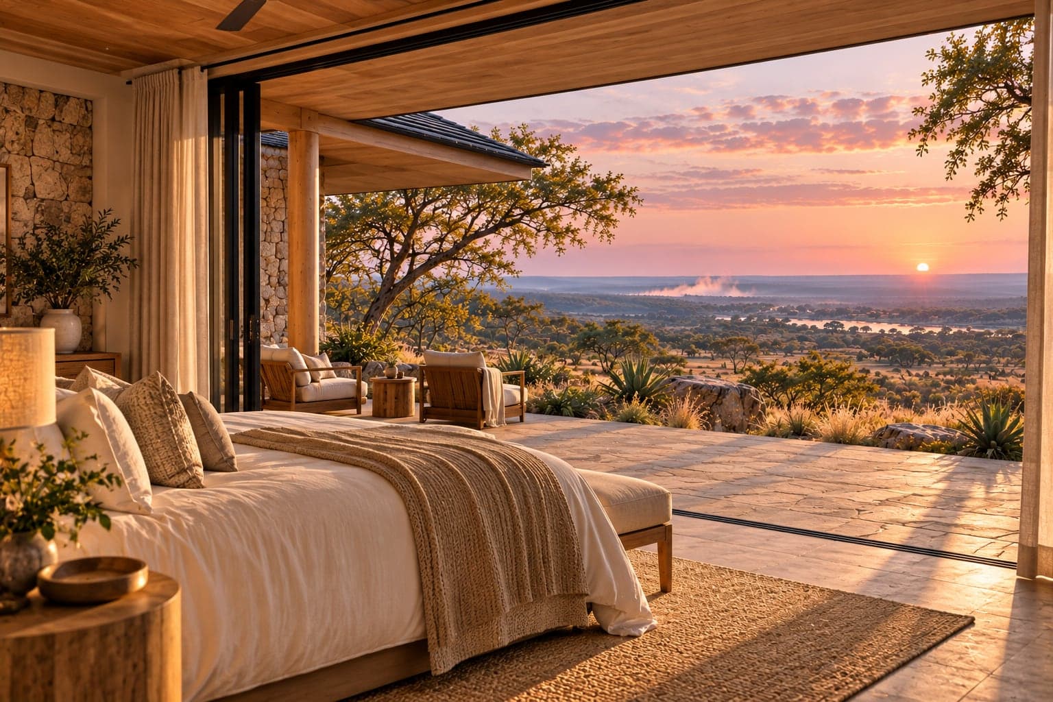 Artist’s impression of a bedroom at dawn, doors open to the view across the savannah to the Falls