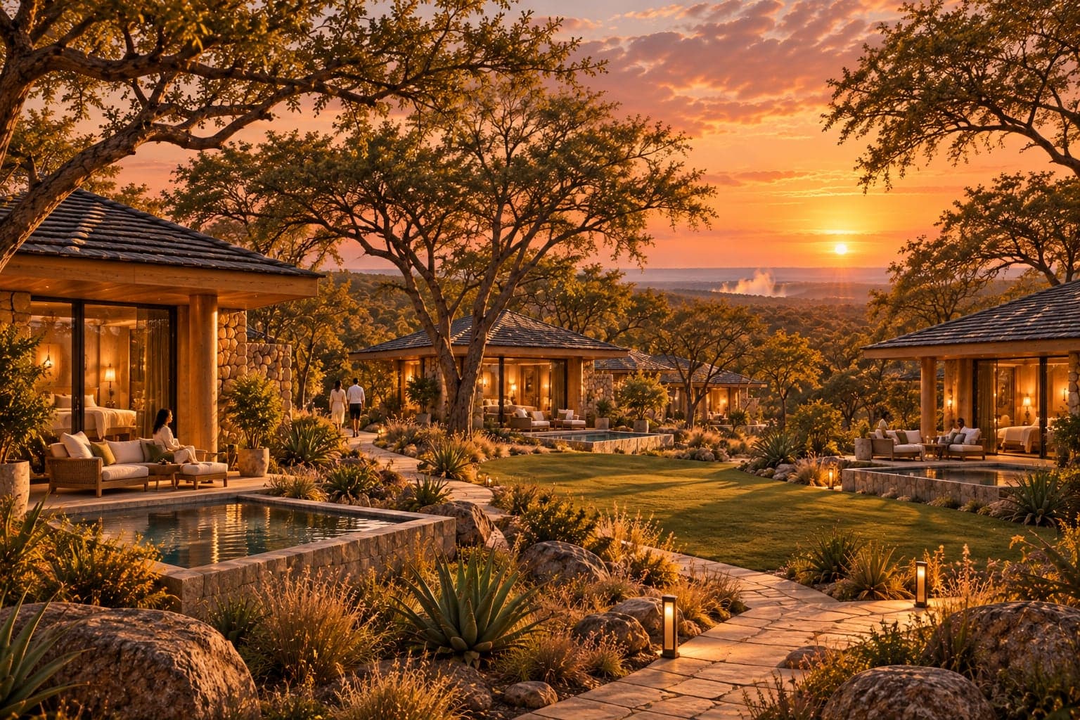 Artist’s impression of compact garden lodges with plunge pools, linked by leafy paths